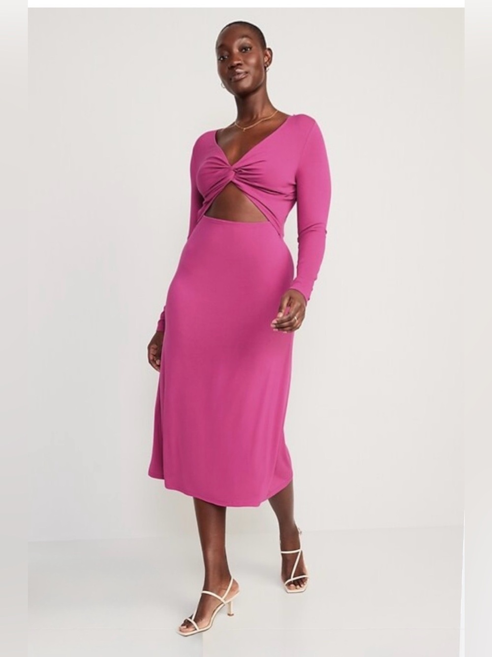 OLD NAVY Fuchsia Pink Fit & Flare Twist Front Cutout Midi Dress Sz Large NWT - Picture 1 of 8